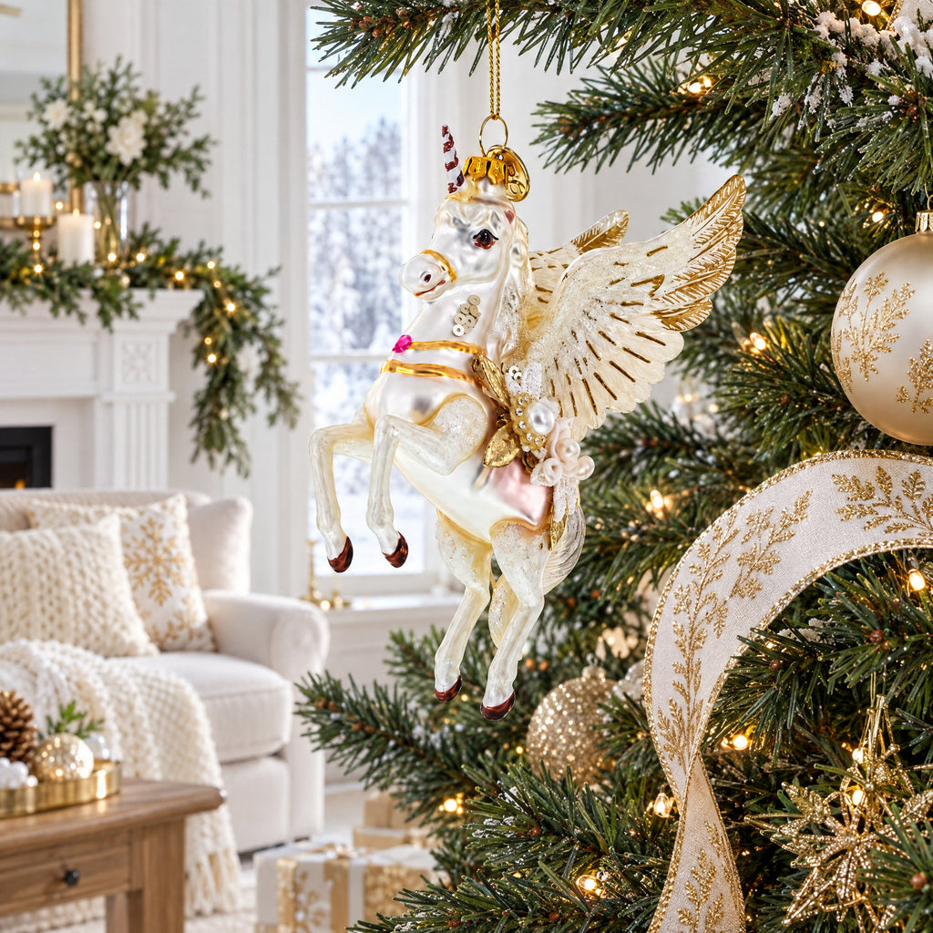 White Unicorn Glass Christmas Ornament