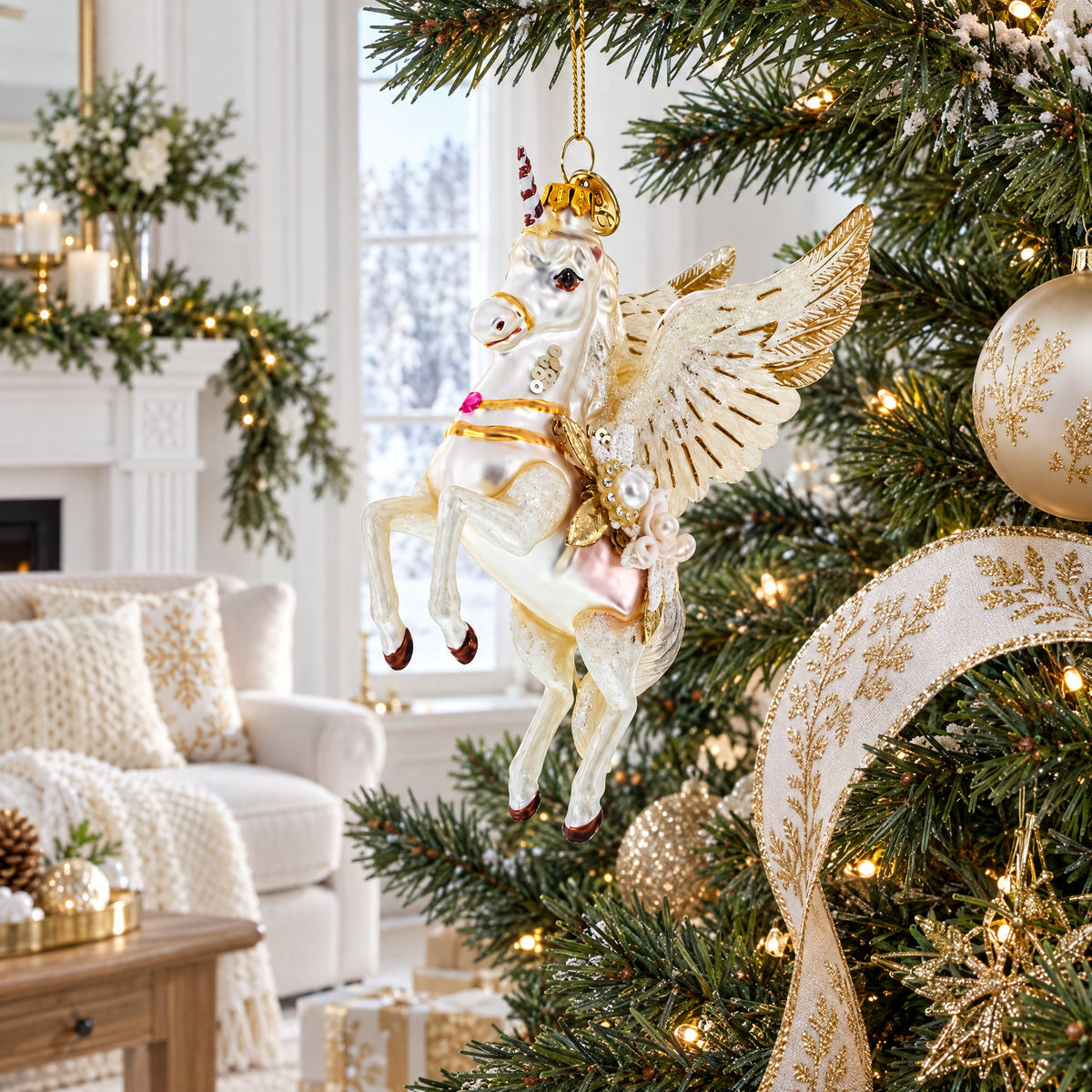 White Unicorn Glass Christmas Ornament