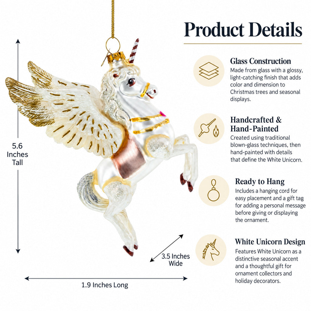 White Unicorn Glass Christmas Ornament