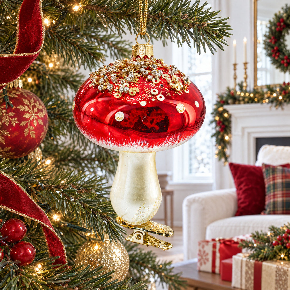Amanita Mushroom Whimsical Glass Christmas Ornament