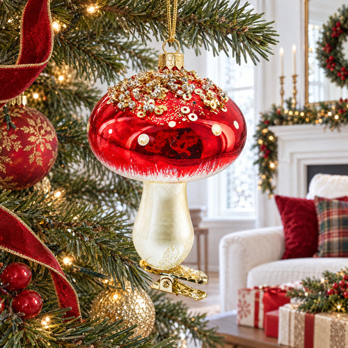 Amanita Mushroom Whimsical Glass Christmas Ornament