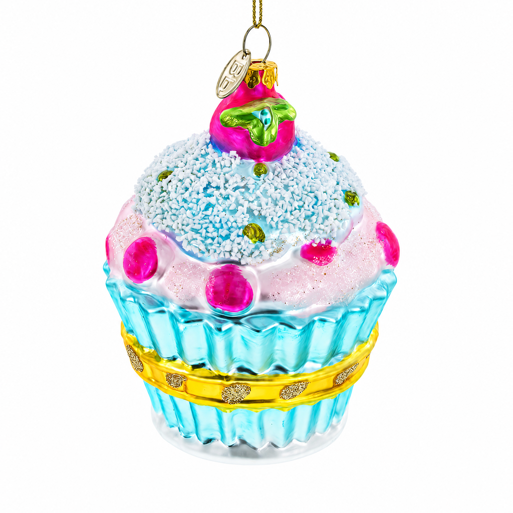 Cupcake with Glitter Accents Glass Christmas Ornament