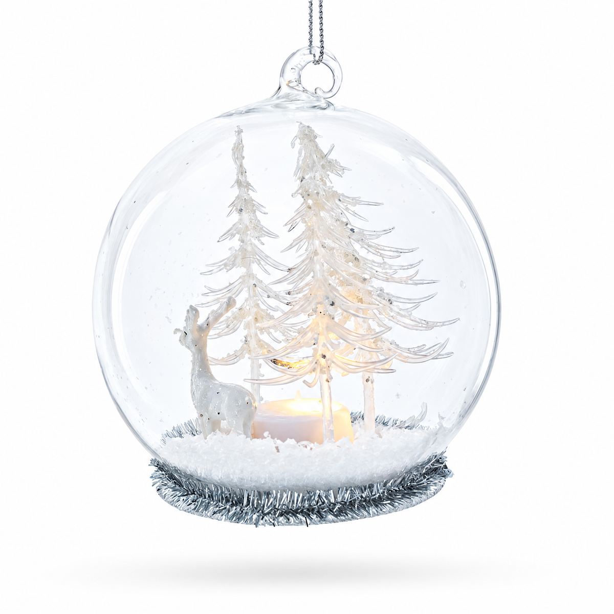Winter Forest Snow Globe with White Deer Glass Christmas Ornament