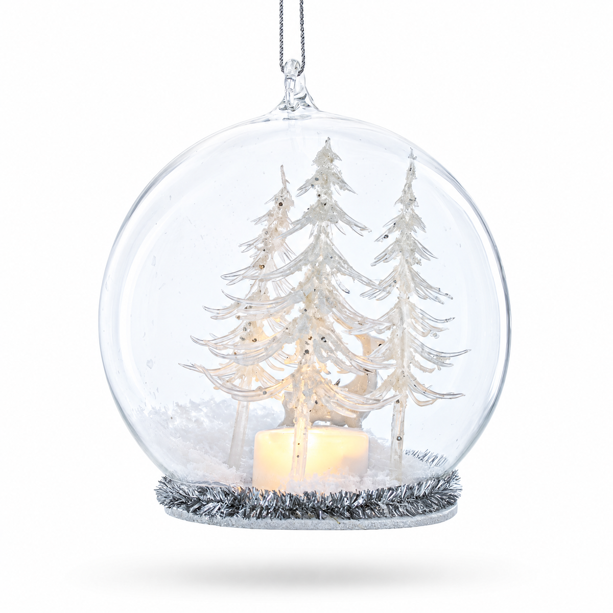 Winter Forest Snow Globe with White Deer Glass Christmas Ornament