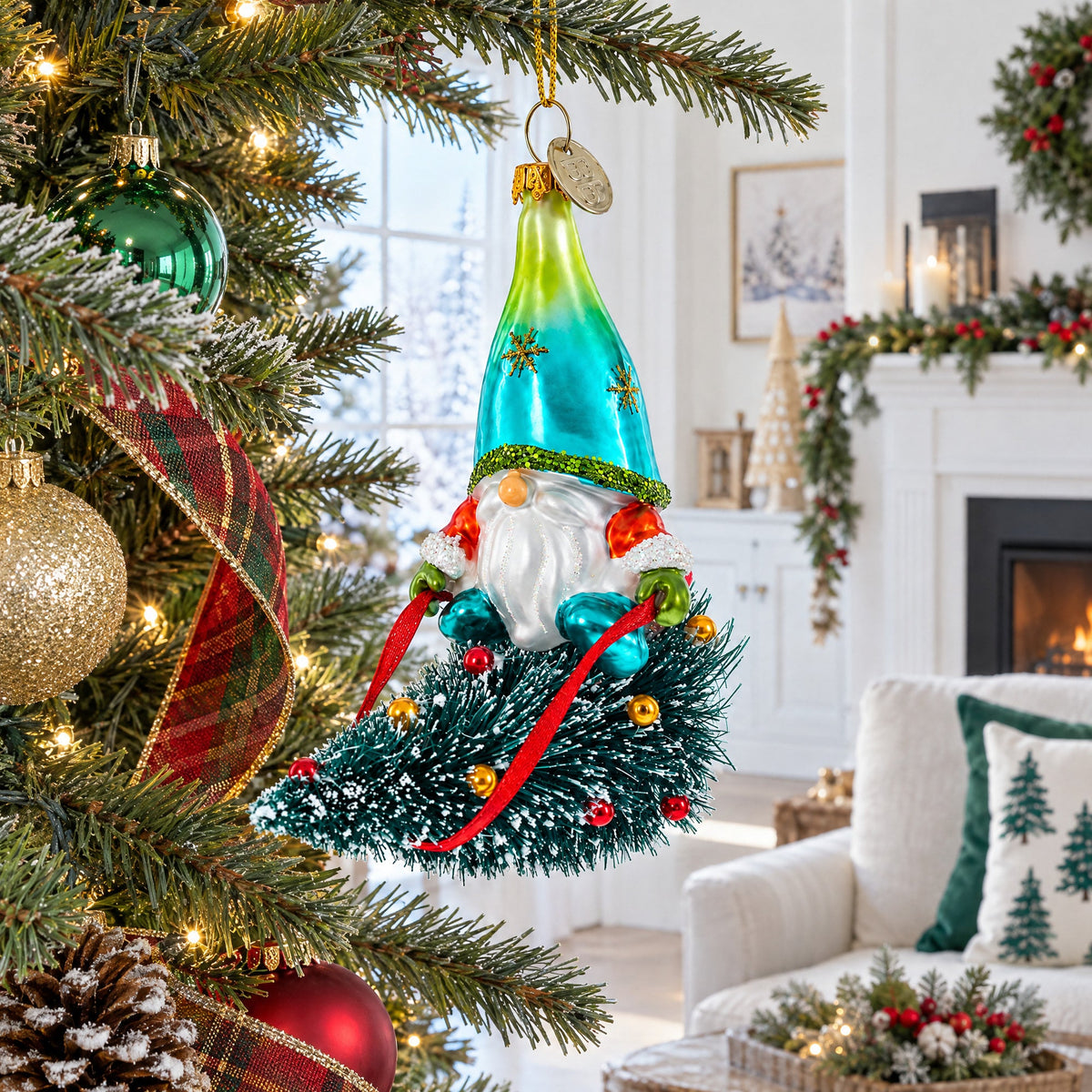 Gnome Adventurer Riding a Festive Tree Glass Christmas Ornament