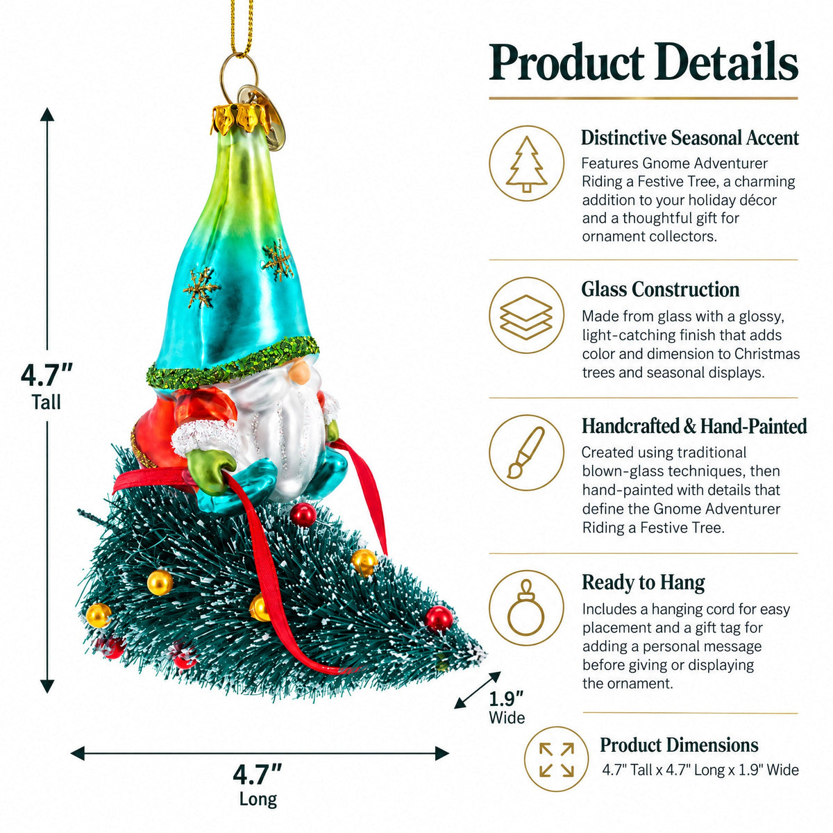 Gnome Adventurer Riding a Festive Tree Glass Christmas Ornament