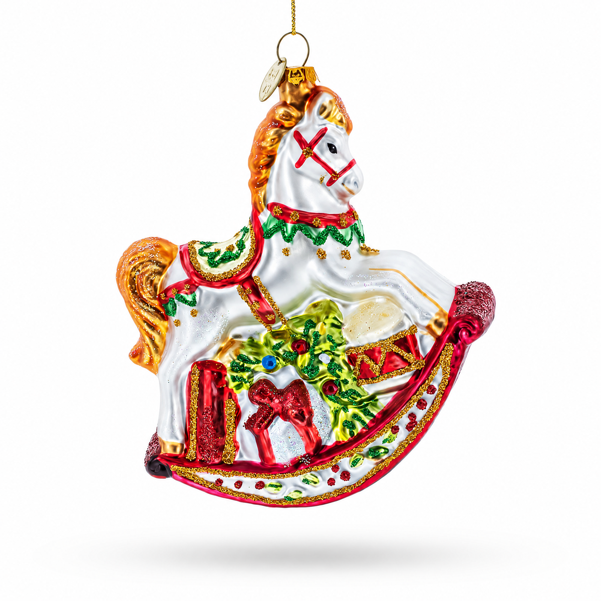 Traditional Rocking Horse with Gifts Glass Christmas Ornament