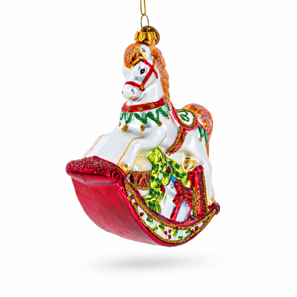 Traditional Rocking Horse with Gifts Glass Christmas Ornament