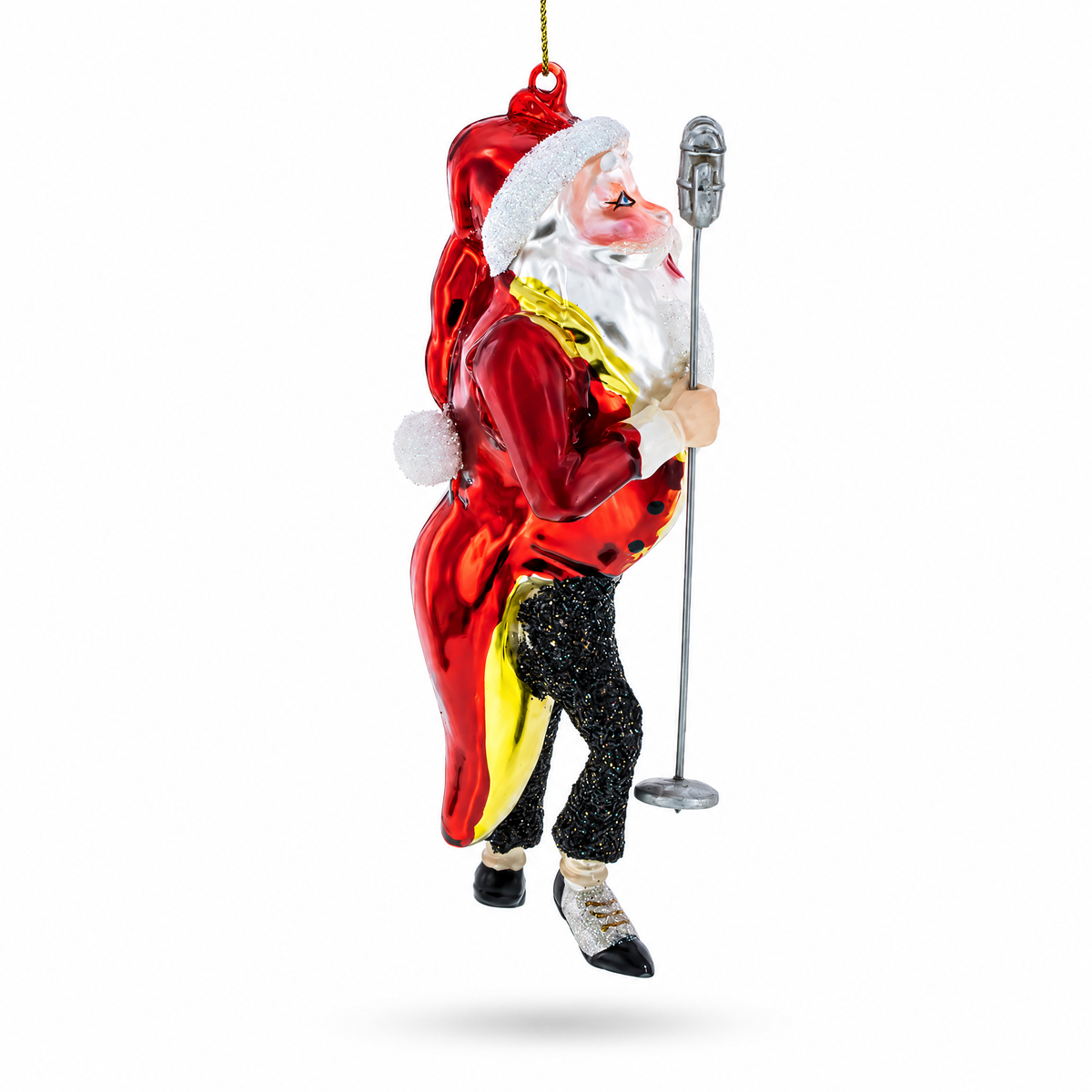 Jolly Singing Santa with Microphone Glass Christmas Ornament