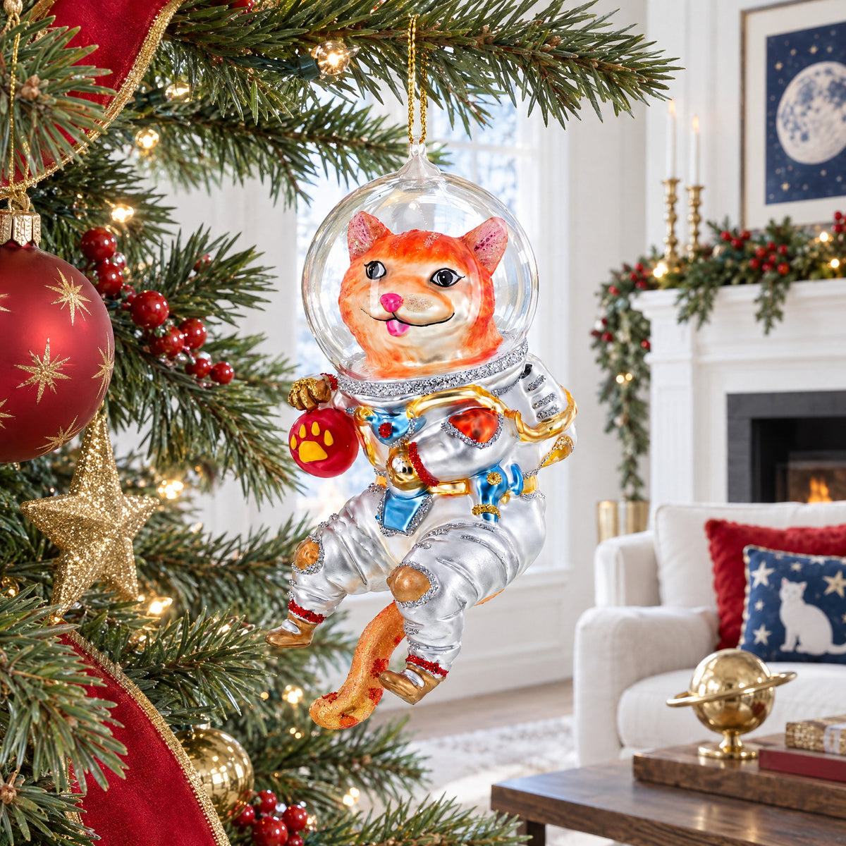 Cat the Astronaut Glass Christmas Ornament