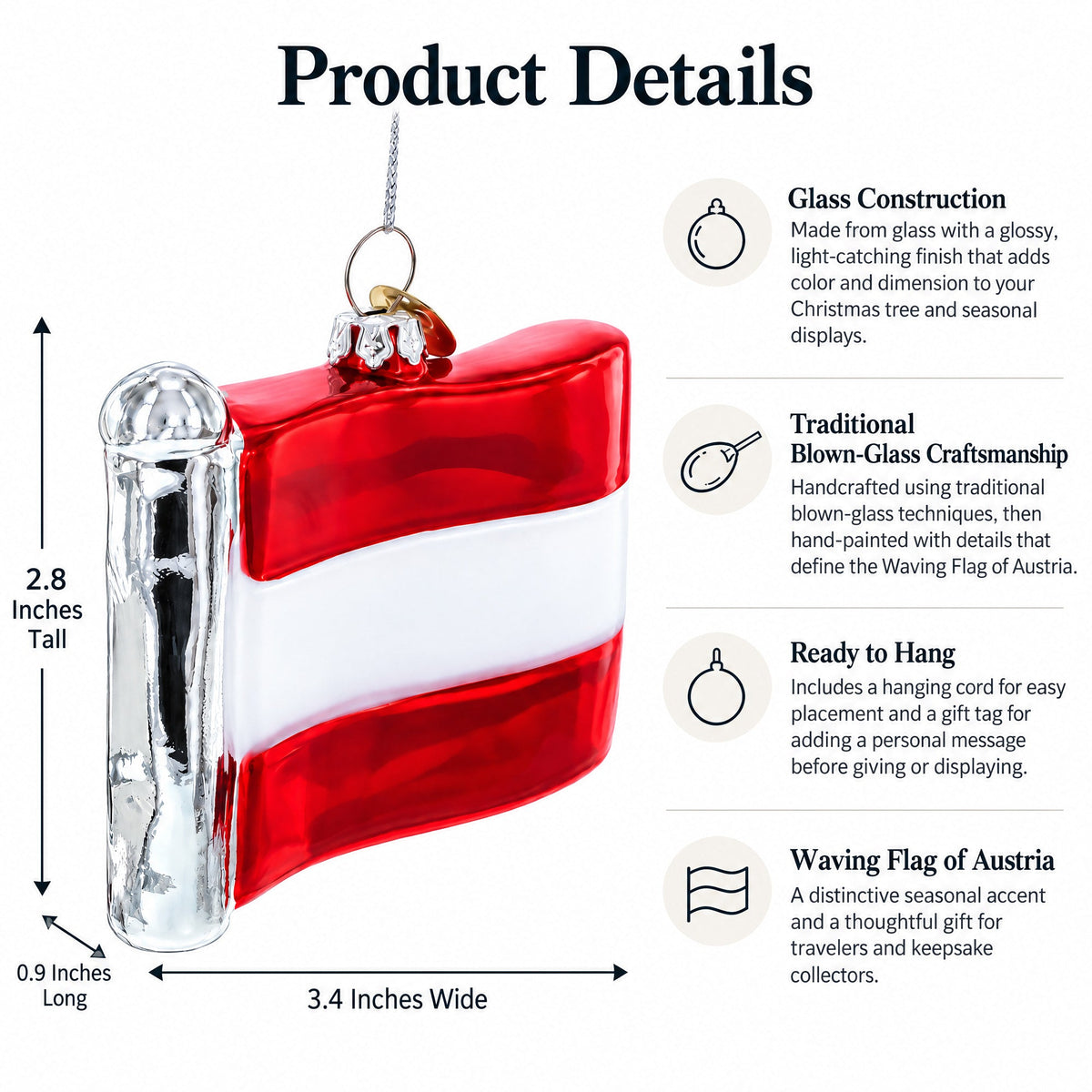 Waving Flag of Austria Glass Christmas Ornament
