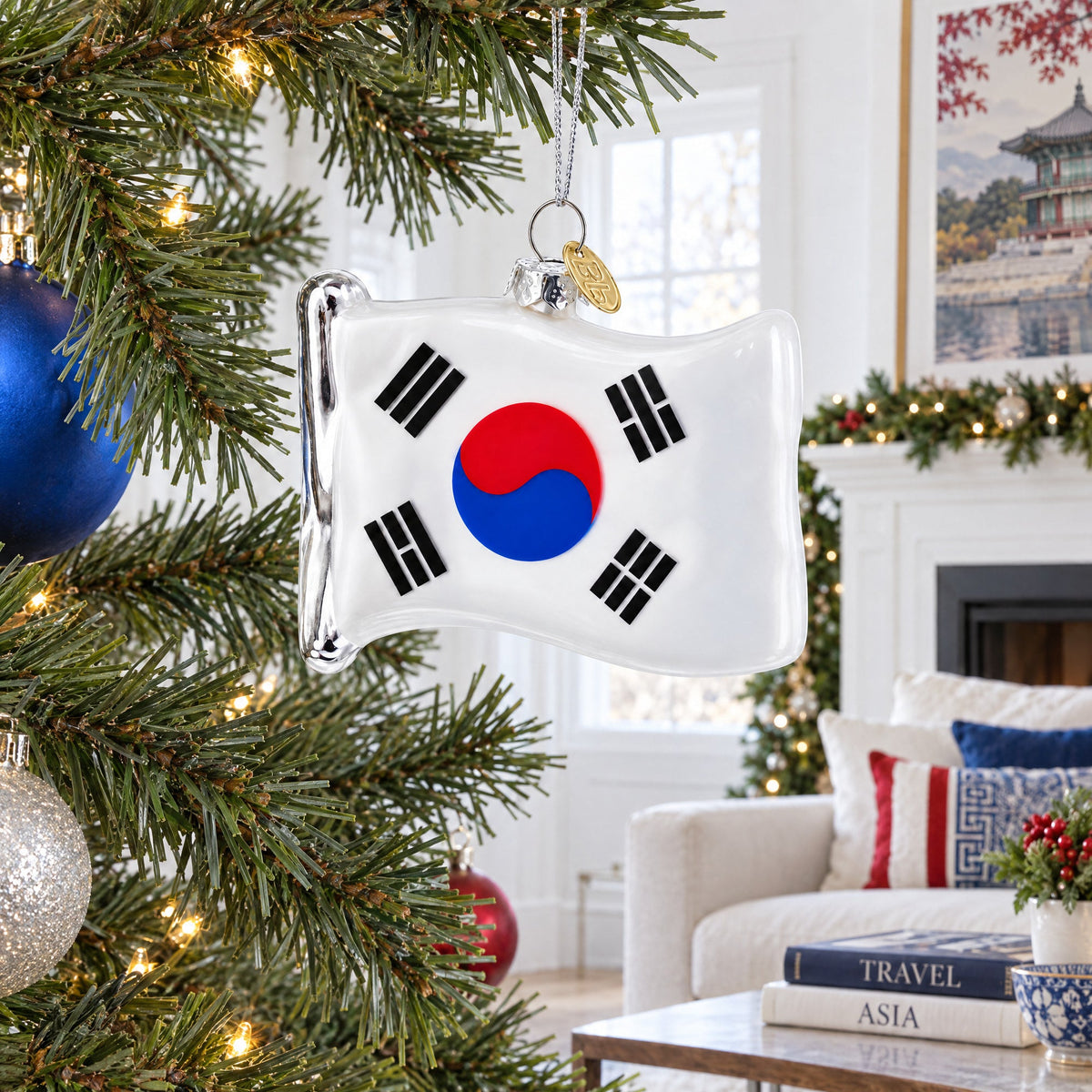 Waving Flag of South Korea Glass Christmas Ornament