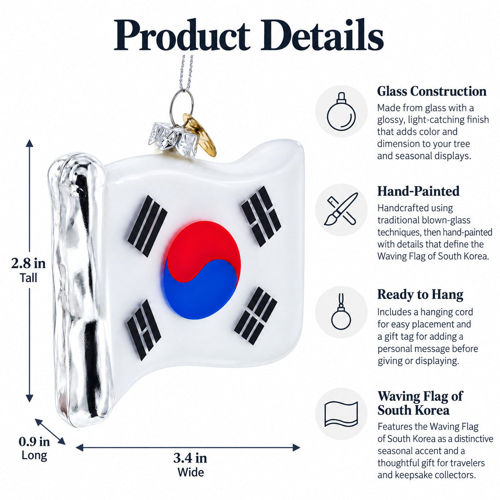 Waving Flag of South Korea Glass Christmas Ornament