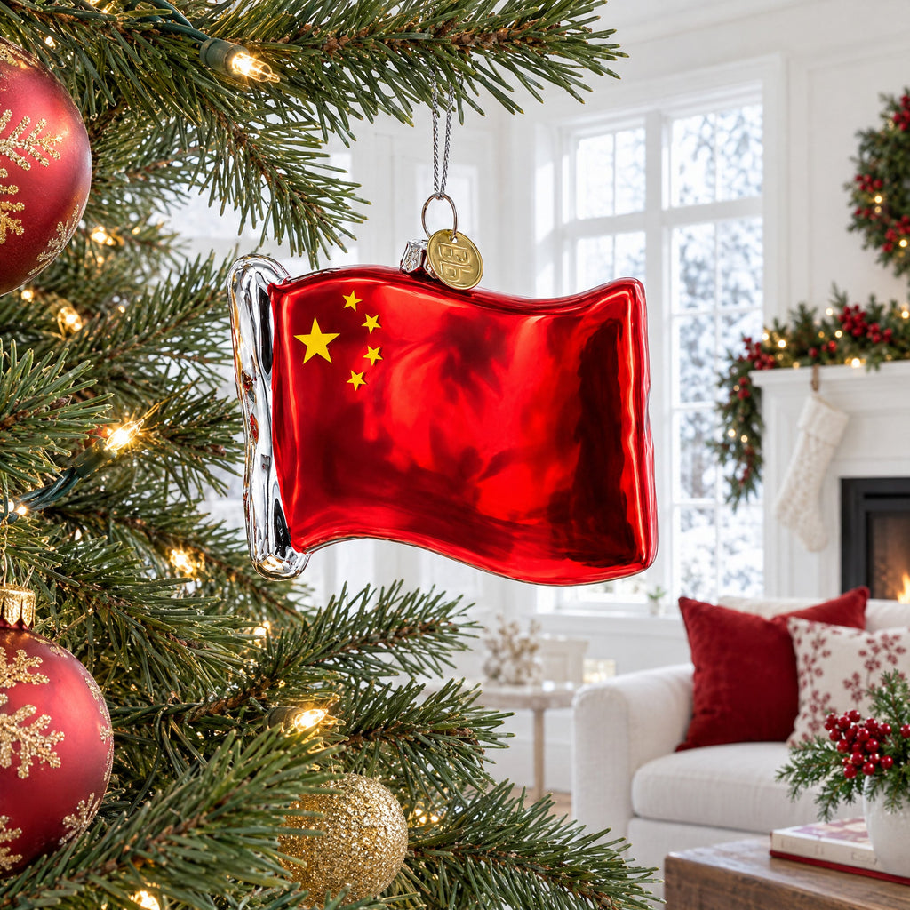 Waving Flag of China Glass Christmas Ornament