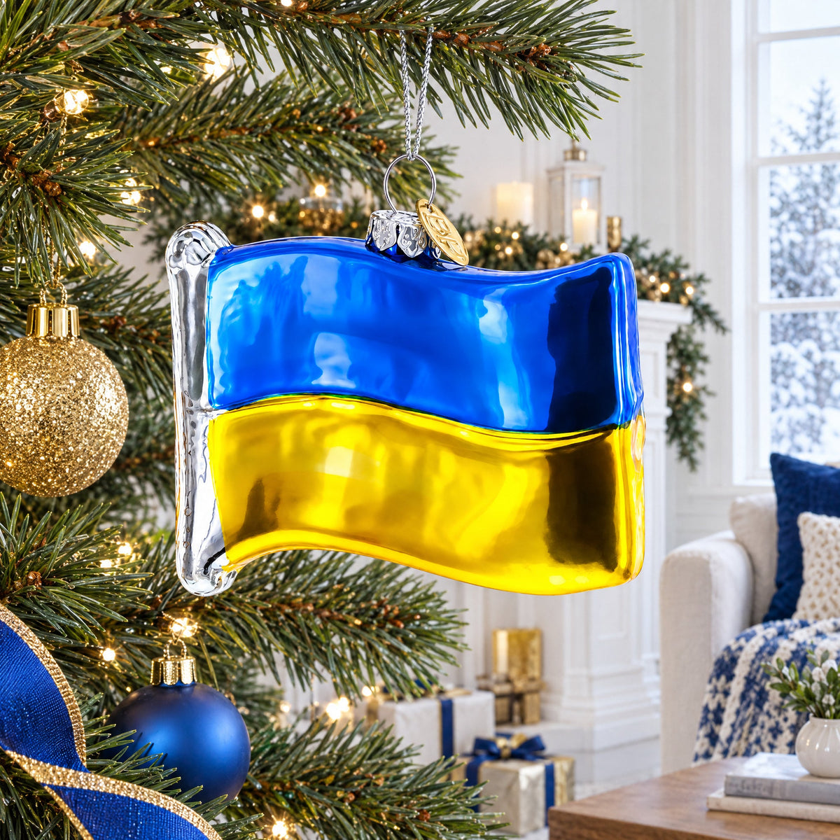 Waving Flag of Ukraine Glass Christmas Ornament