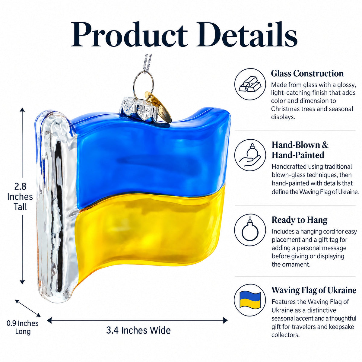 Waving Flag of Ukraine Glass Christmas Ornament