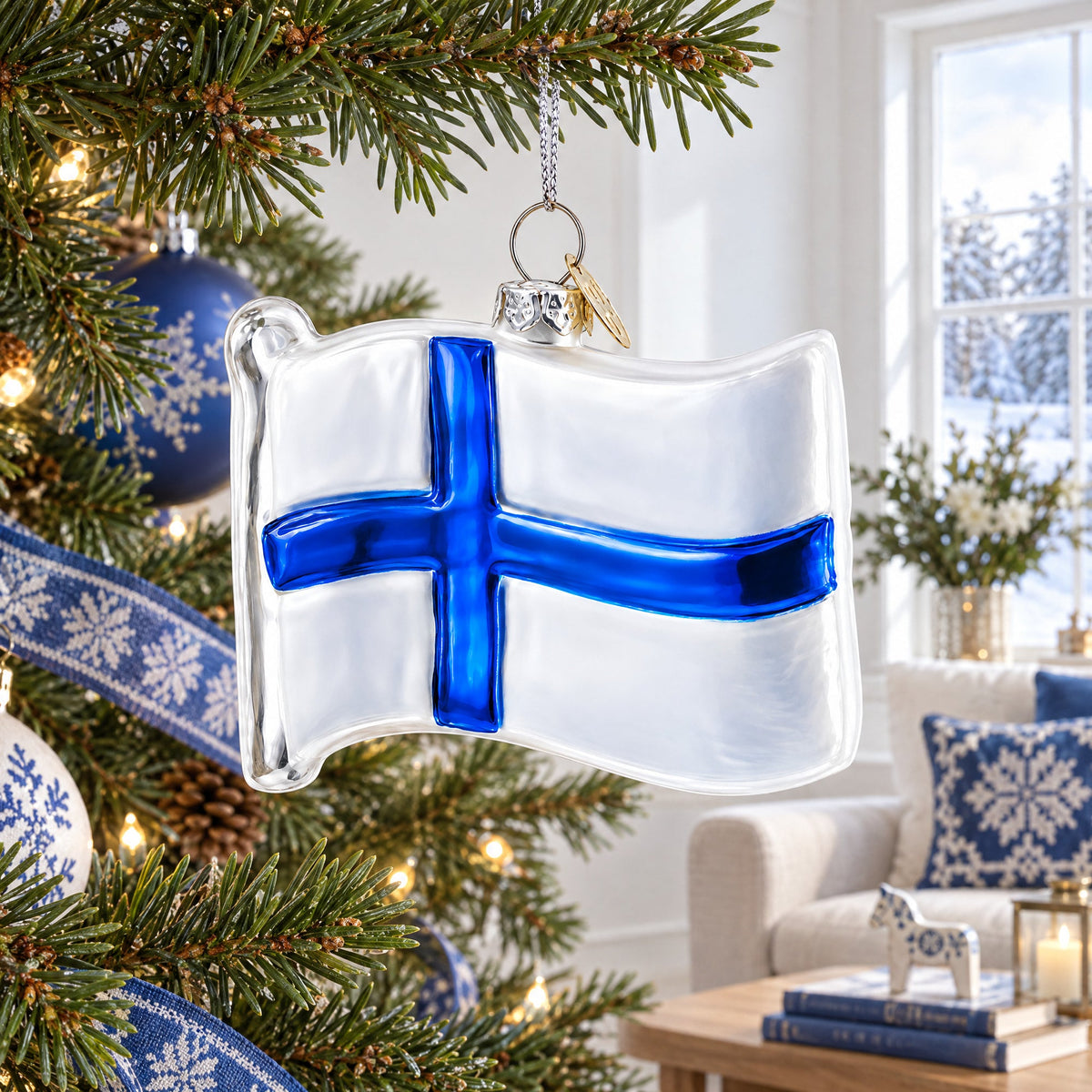 Waving Flag of Finland Glass Christmas Ornament