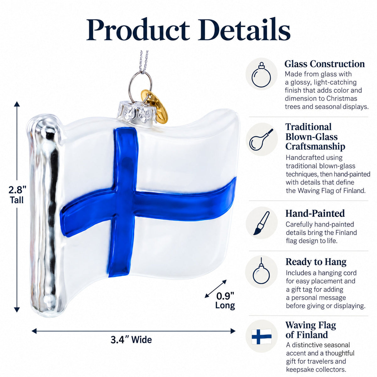 Waving Flag of Finland Glass Christmas Ornament