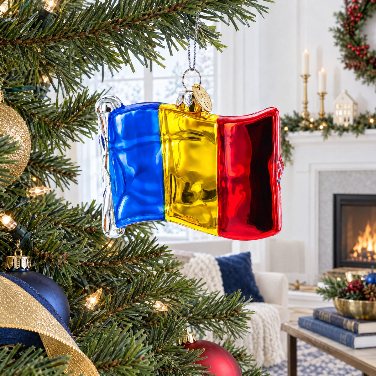 Waving Flag of Romania Glass Christmas Ornament