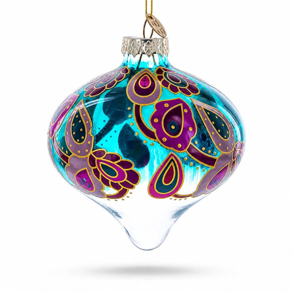 Teal Paisley Onion Shape Finial Glass Christmas Ornament