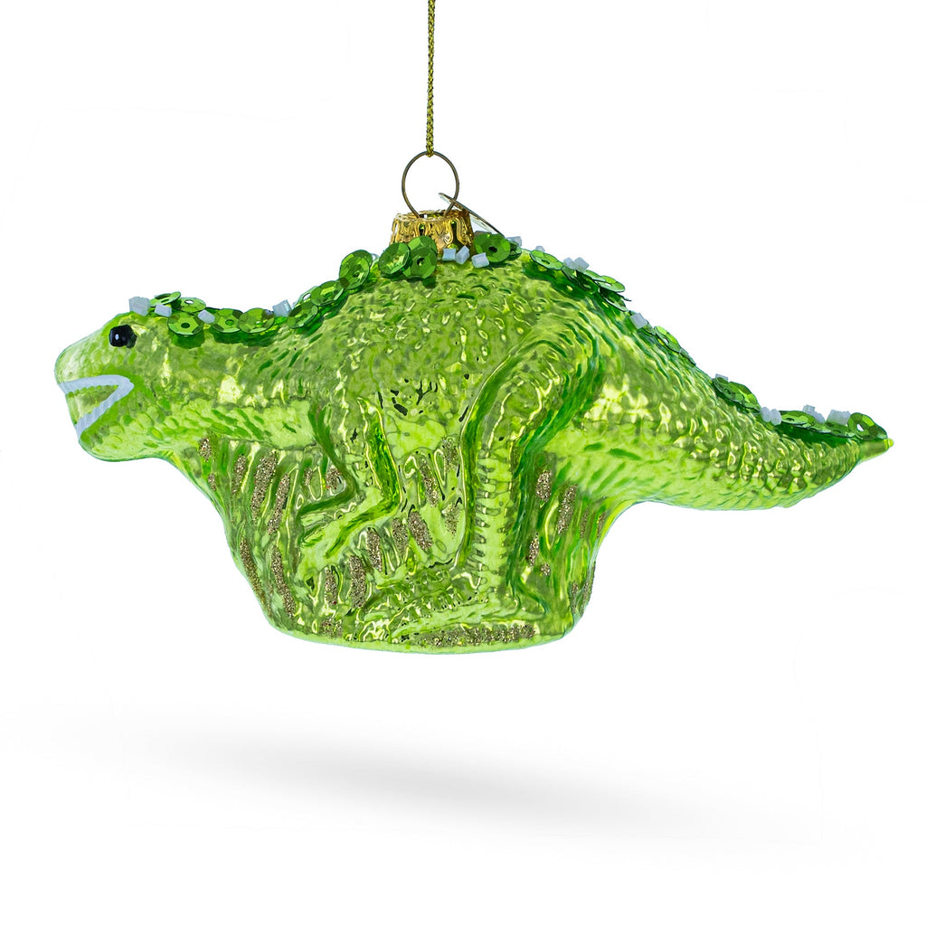 Green Dinosaur with Beads Glass Christmas Ornament