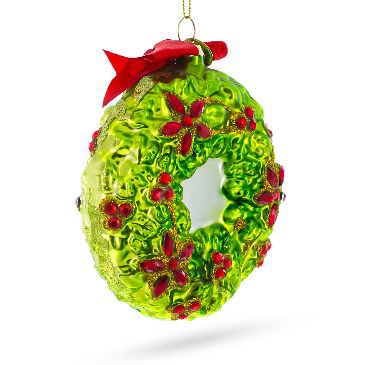 Holiday Wreath with Red Bow and Bells Glass Christmas Ornament
