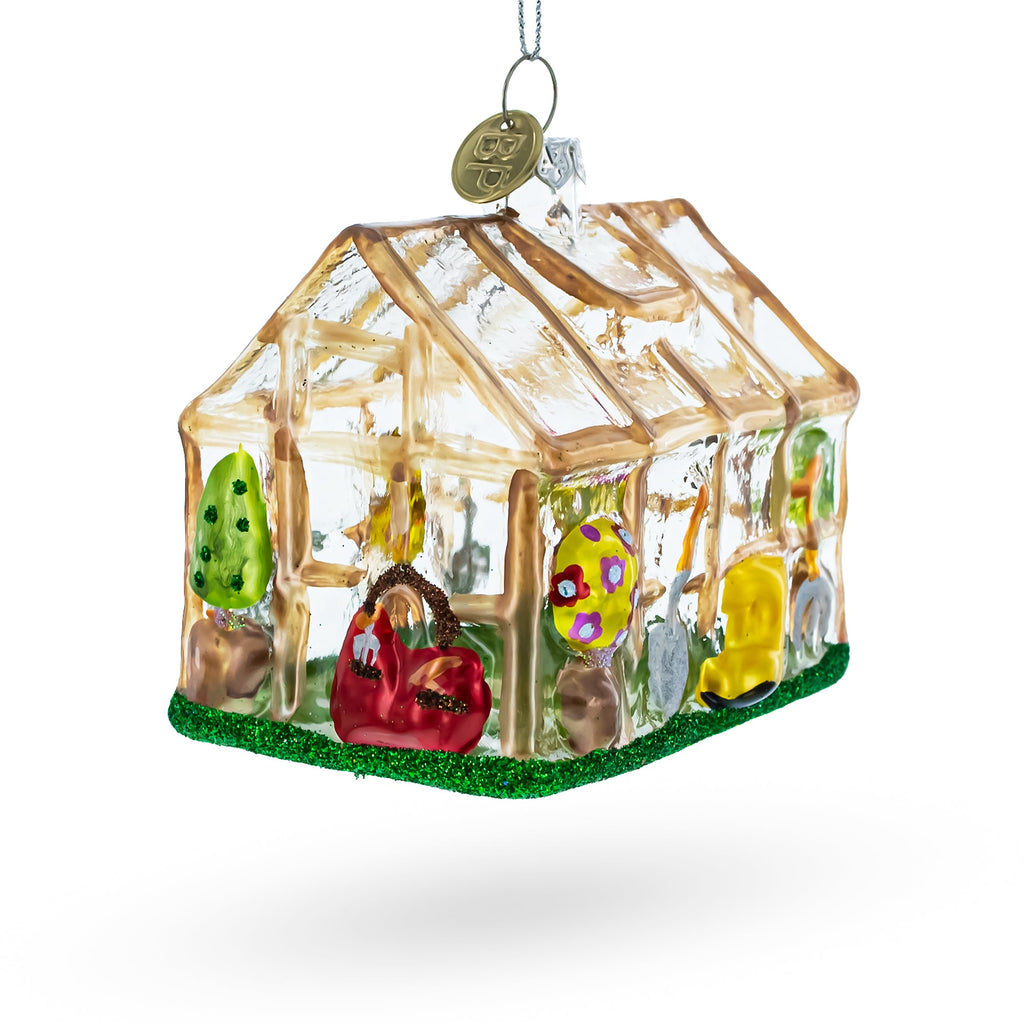 Greenhouse and Gardener Tools Glass Christmas Ornament