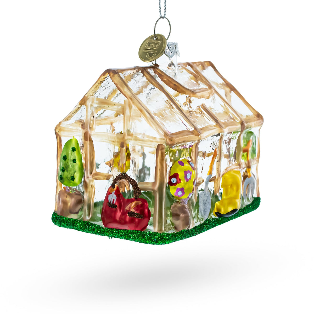 Greenhouse and Gardener Tools Glass Christmas Ornament