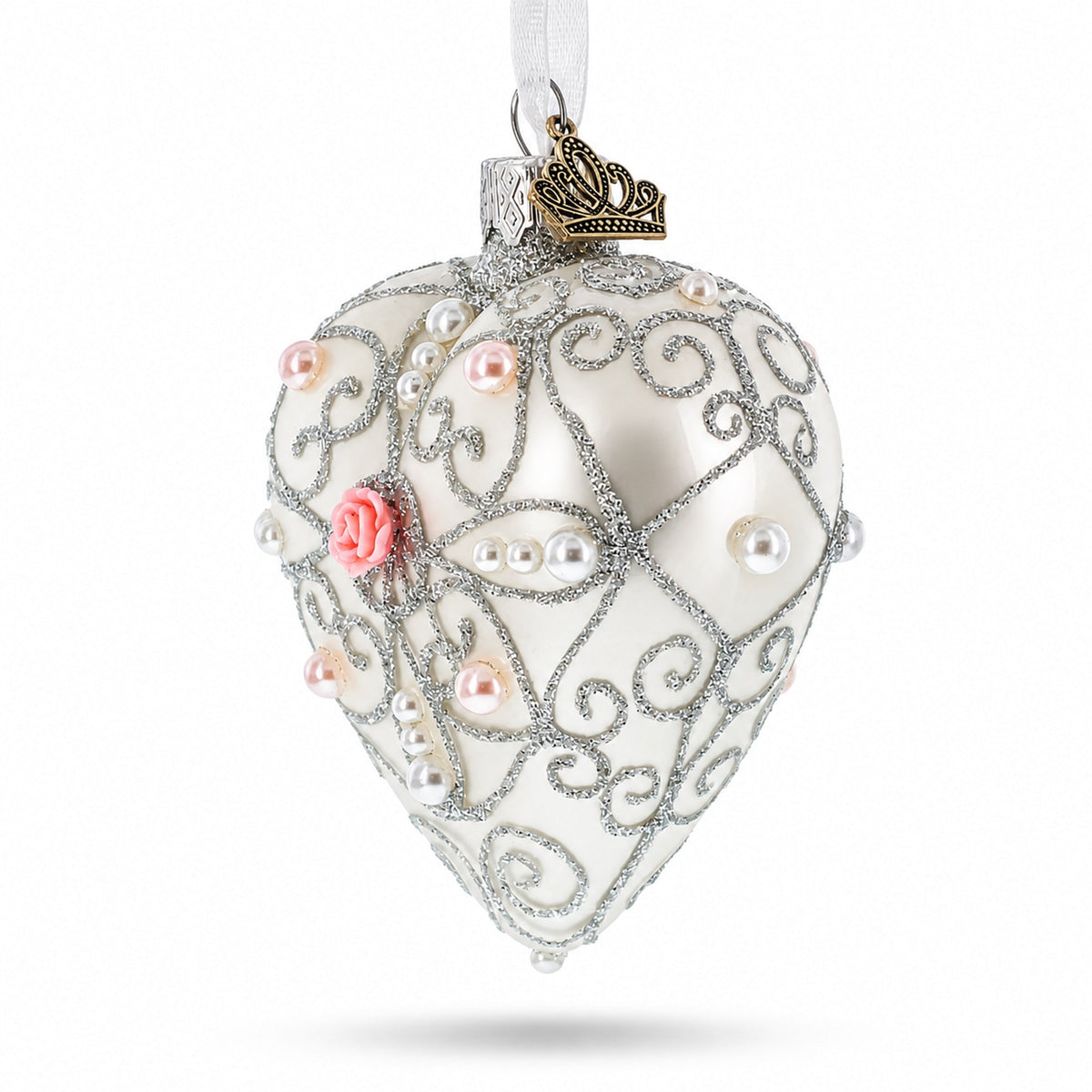 Silver Color Heart with Pink Rose Glass Heart Christmas Ornament