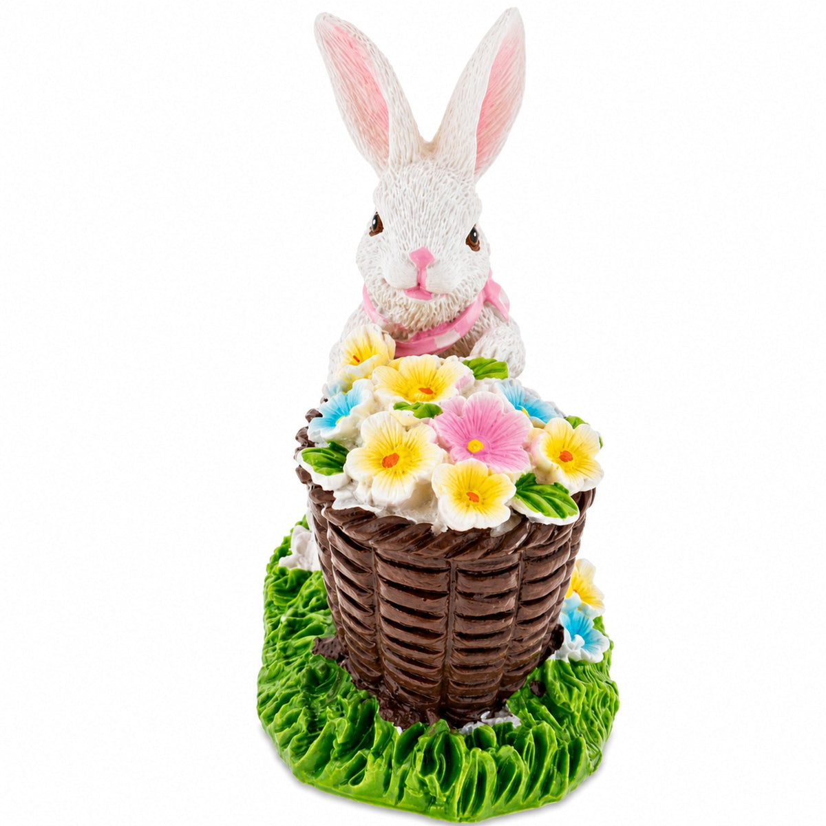 Spring Bunny Figurine With Floral Basket Easter Tabletop Accent 3 Inches Tall