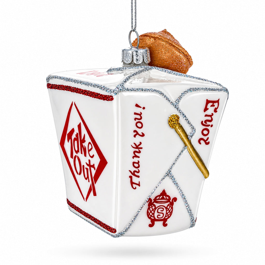 Takeout Box with Fortune Cookie Glass Christmas Ornament