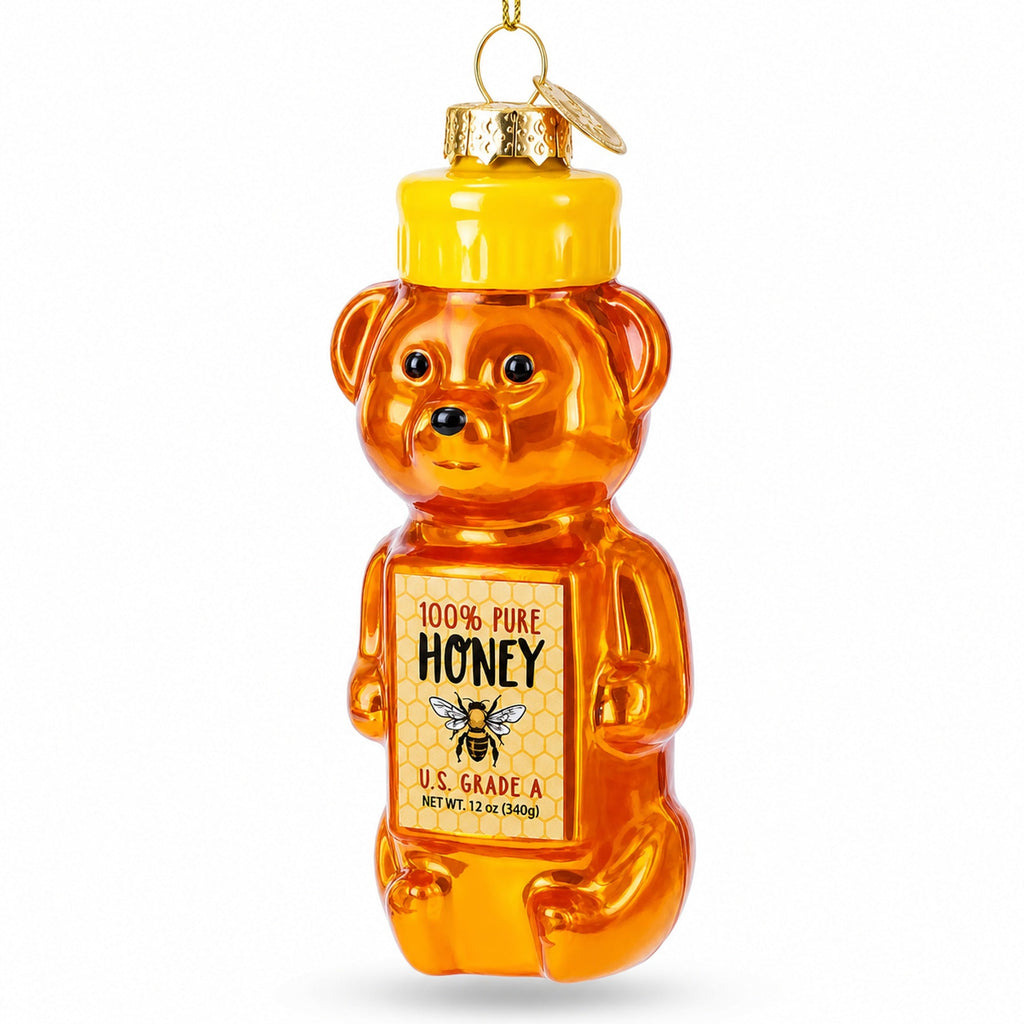 Honey Bear With Label Detail Glass Christmas Ornament