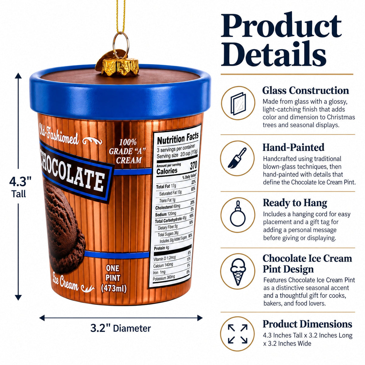 Chocolate Ice Cream Pint Glass Christmas Ornament