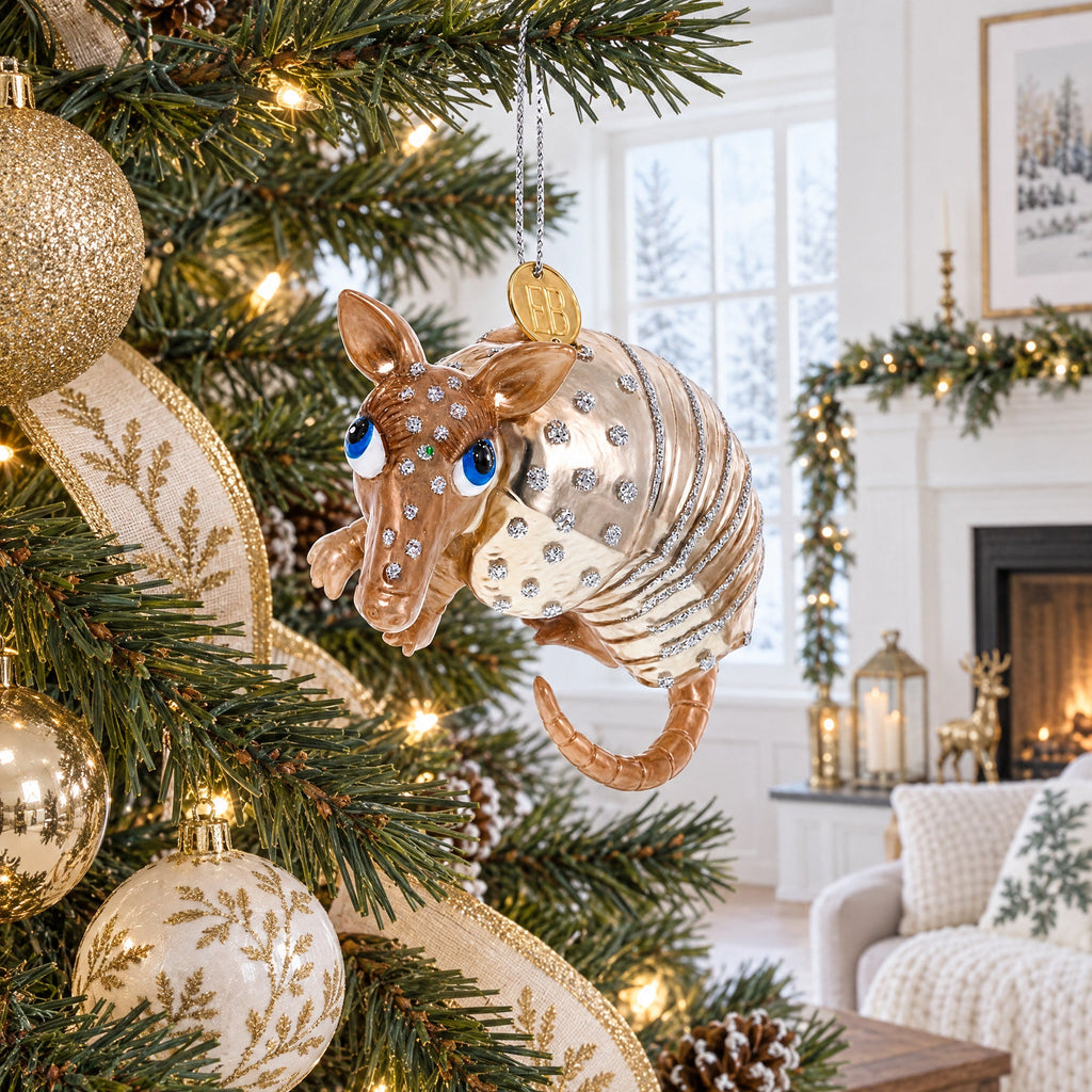 Armadillo With Curled Tail Glass Christmas Ornament