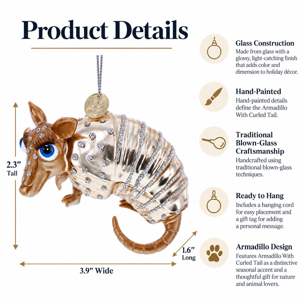 Armadillo With Curled Tail Glass Christmas Ornament