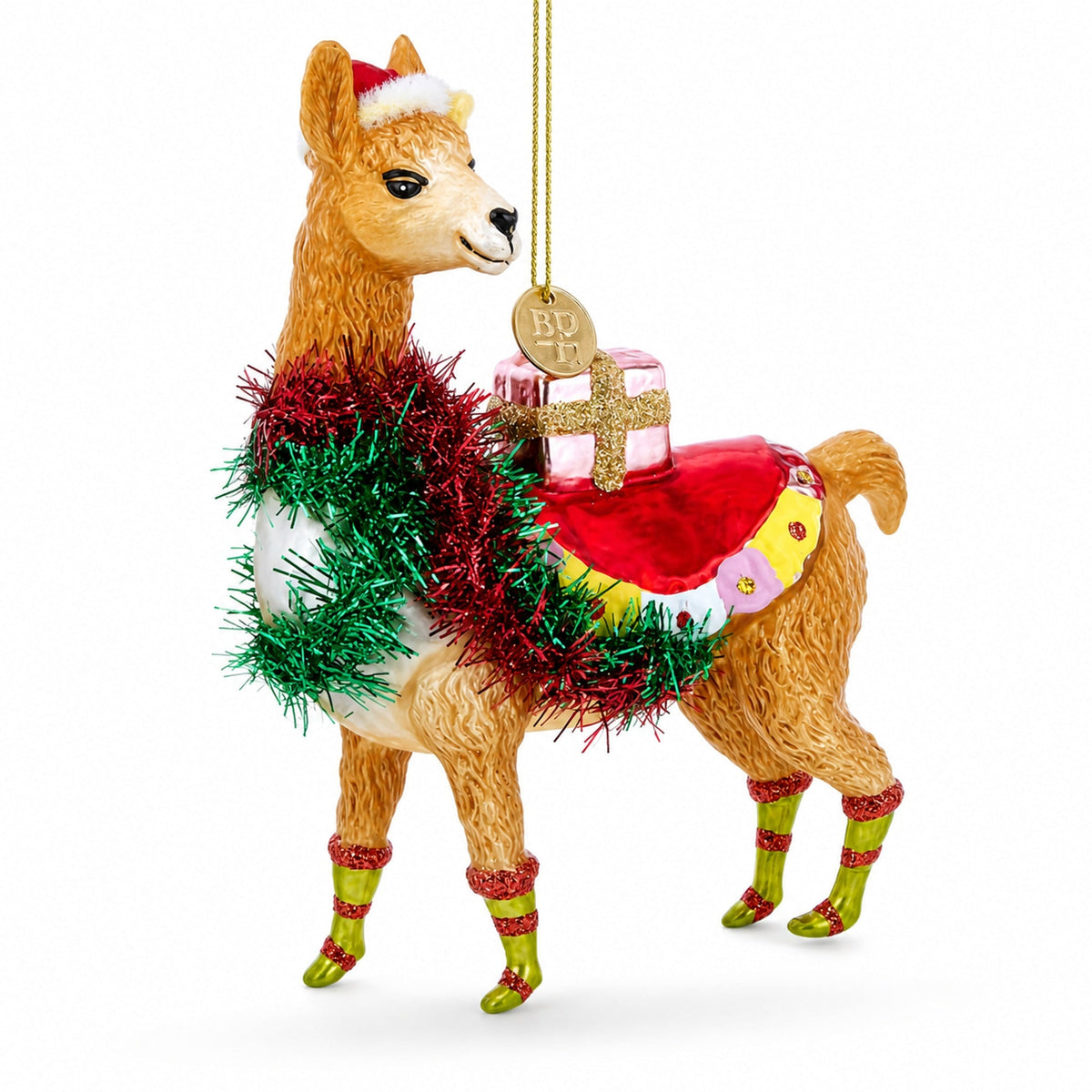 Christmas Llama with Tinsel Garland and Gift Glass Christmas Ornament