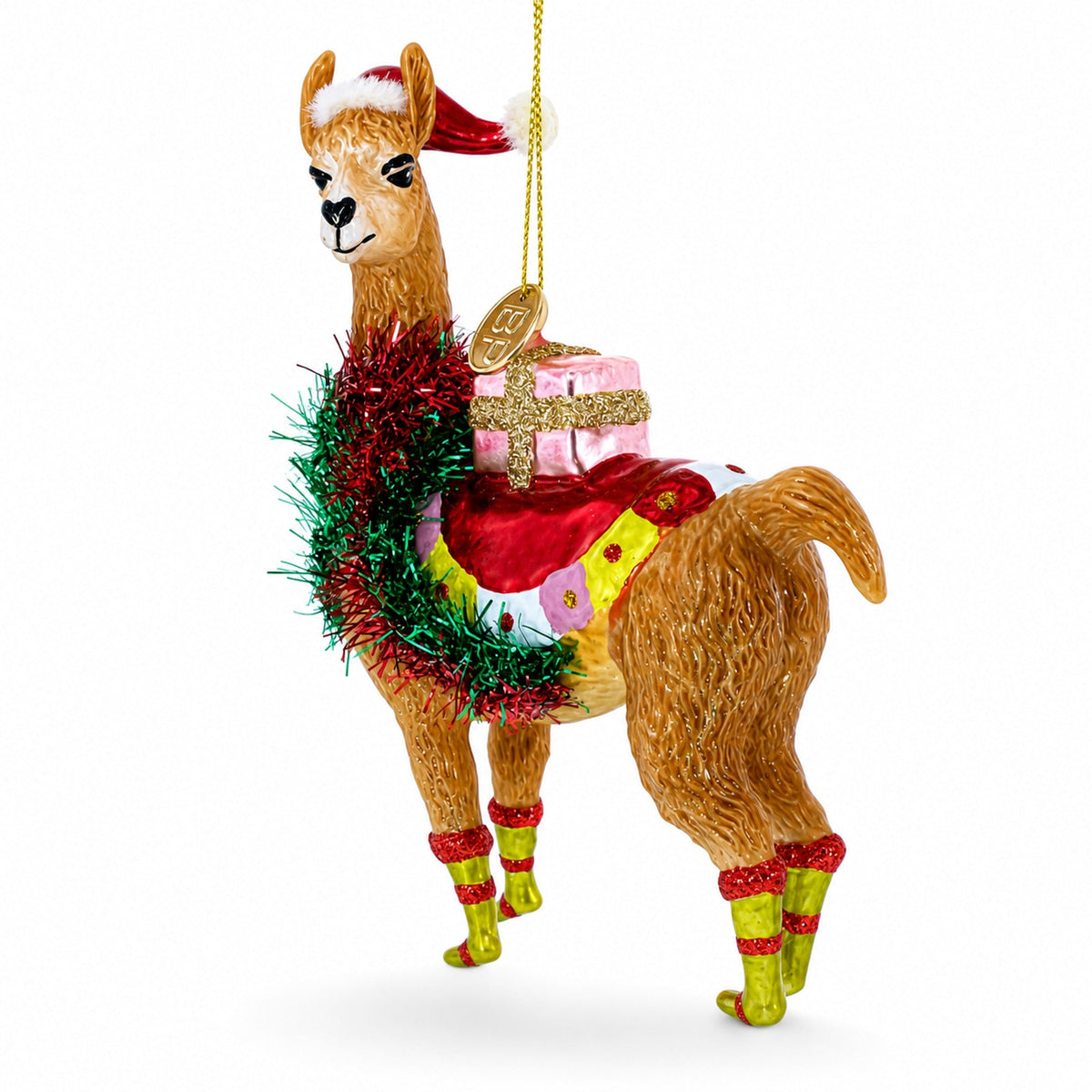 Christmas Llama with Tinsel Garland and Gift Glass Christmas Ornament