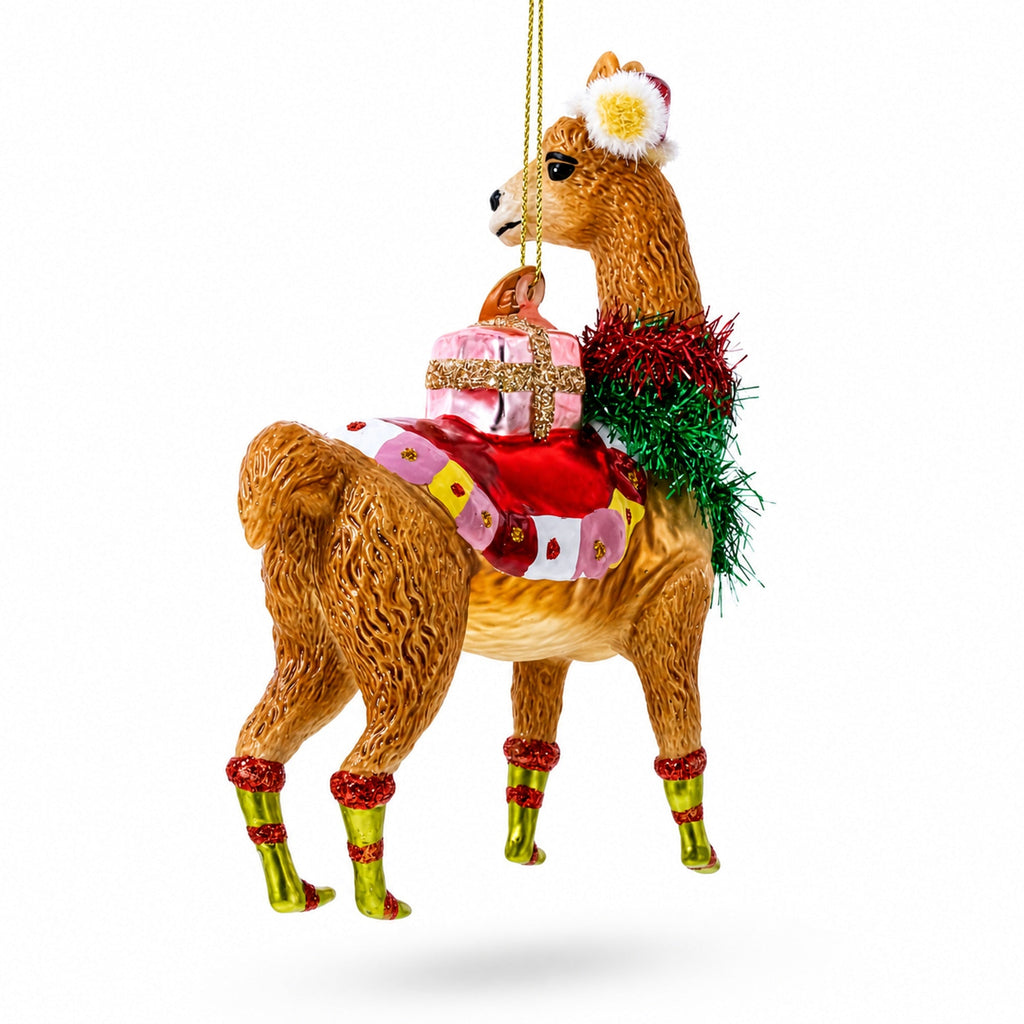 Christmas Llama with Tinsel Garland and Gift Glass Christmas Ornament