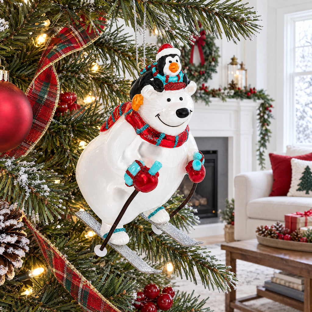 Skiing Polar Bear with Penguin Glass Christmas Ornament