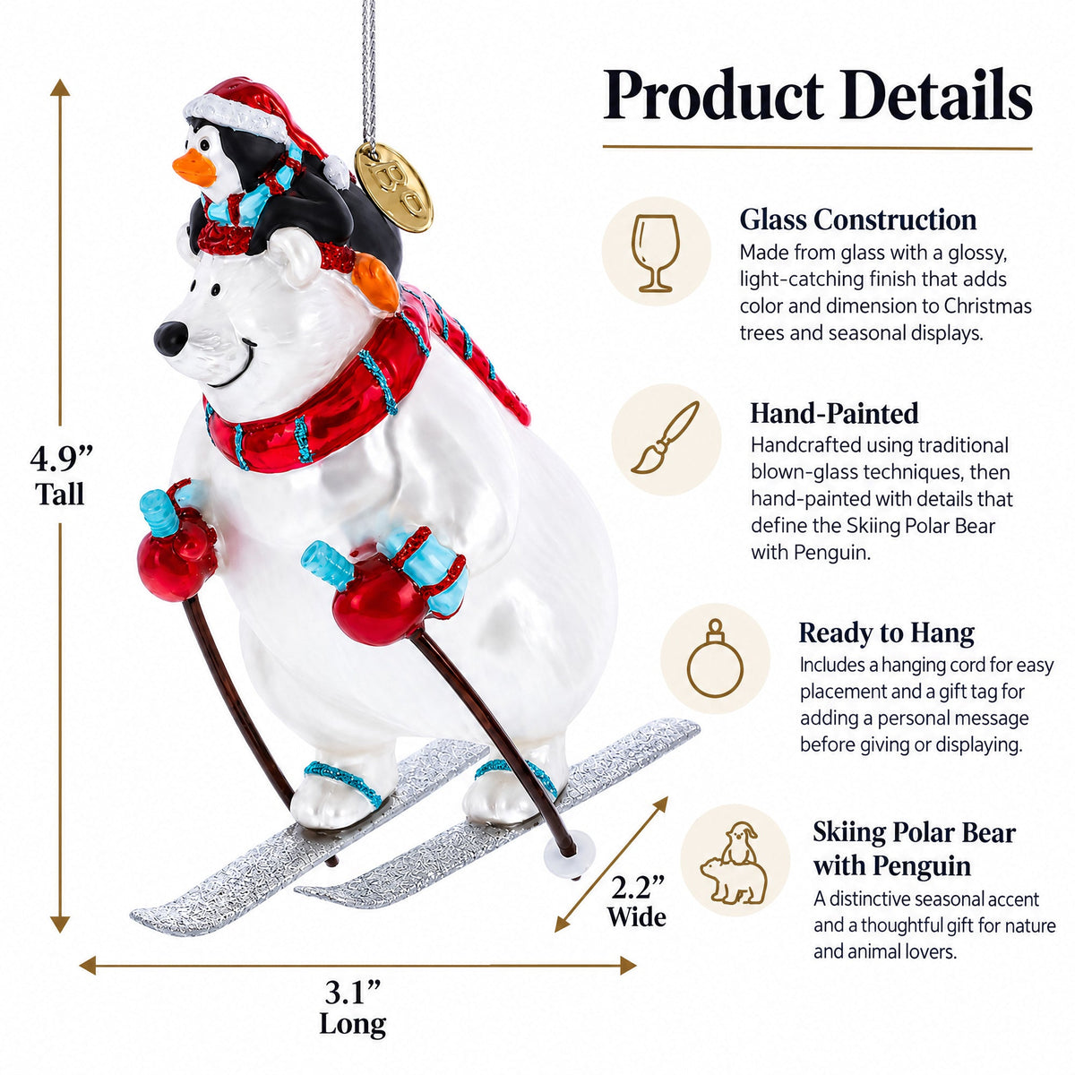 Skiing Polar Bear with Penguin Glass Christmas Ornament