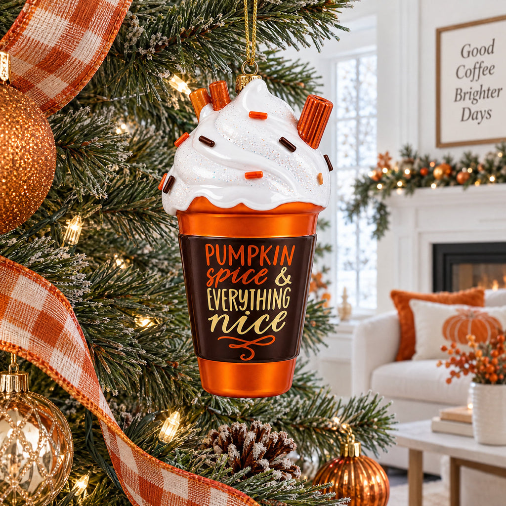 Pumpkin Spice Coffee Drink with Whipped Cream Glass Christmas Ornament
