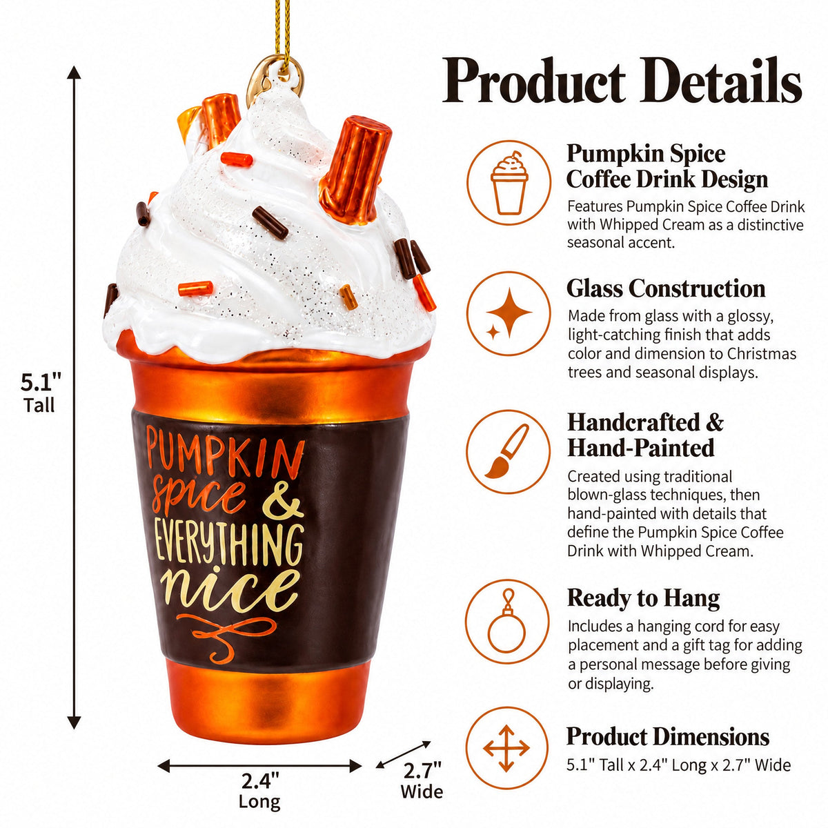 Pumpkin Spice Coffee Drink with Whipped Cream Glass Christmas Ornament
