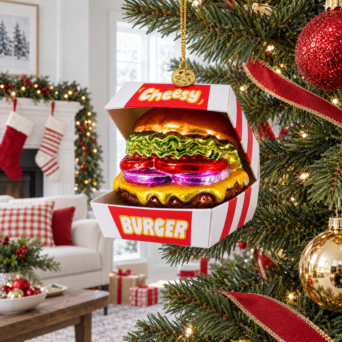 Juicy Cheeseburger with Lettuce and Tomato Glass Christmas Ornament