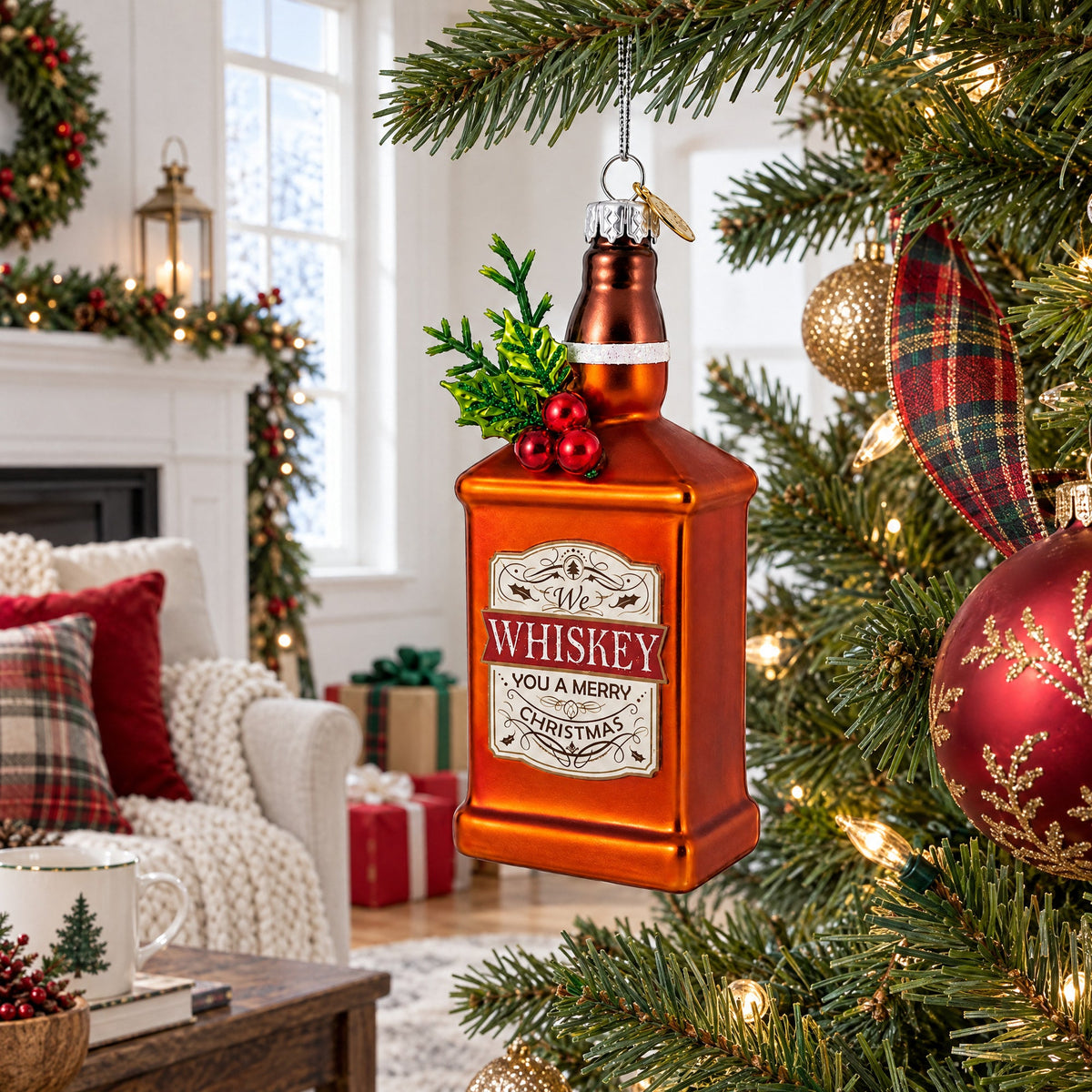 Whiskey Bottle with Holiday Accent Glass Christmas Ornament