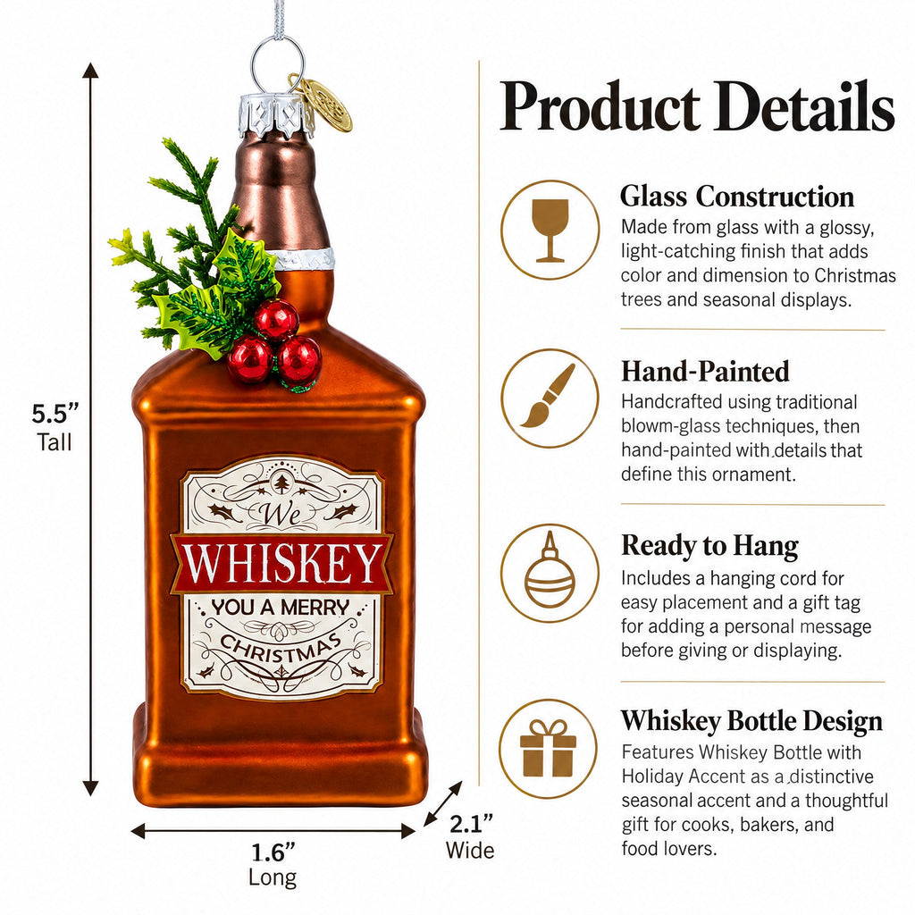 Whiskey Bottle with Holiday Accent Glass Christmas Ornament