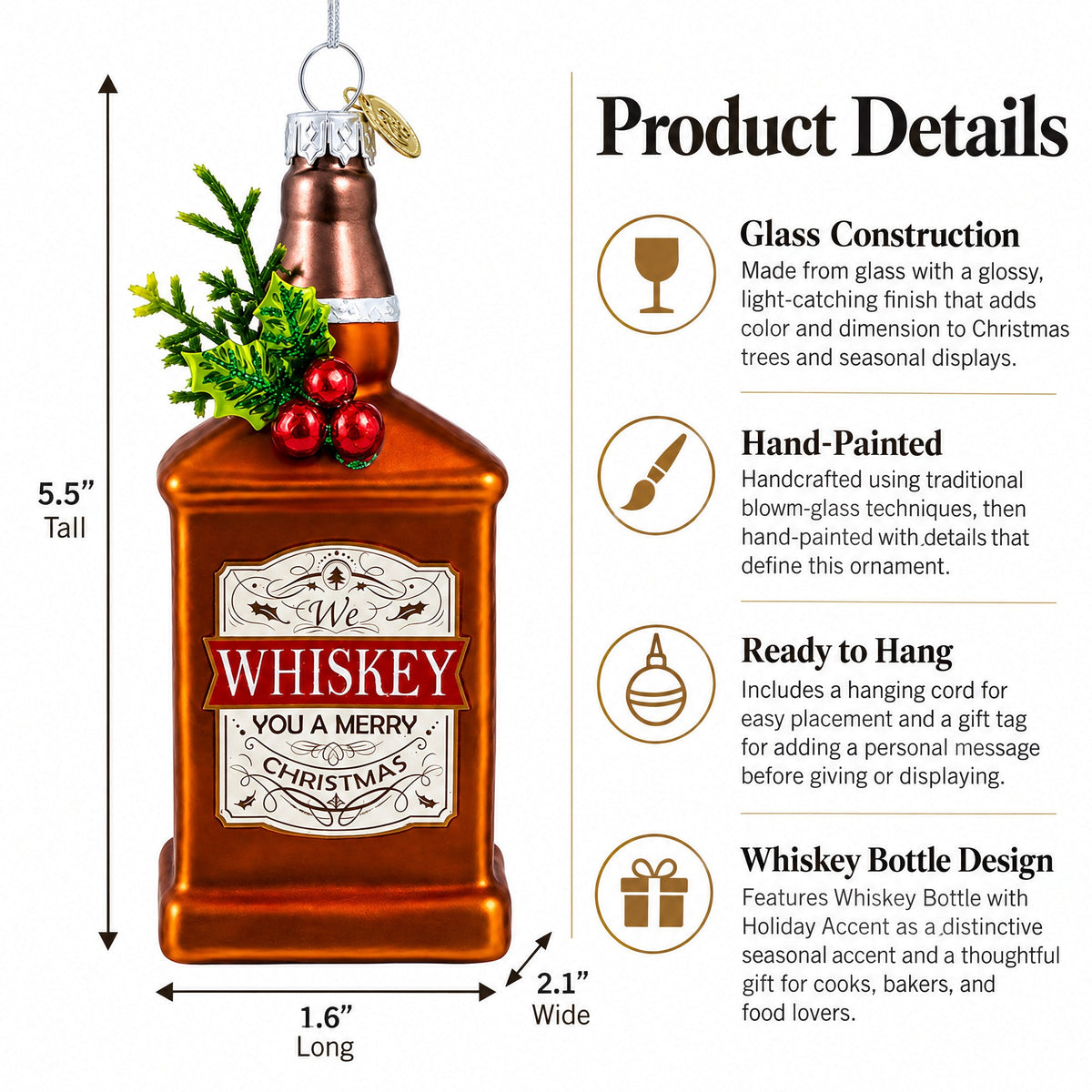 Whiskey Bottle with Holiday Accent Glass Christmas Ornament