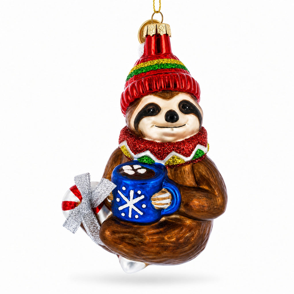 Cozy Sloth Drinking Hot Cocoa Glass Christmas Ornament