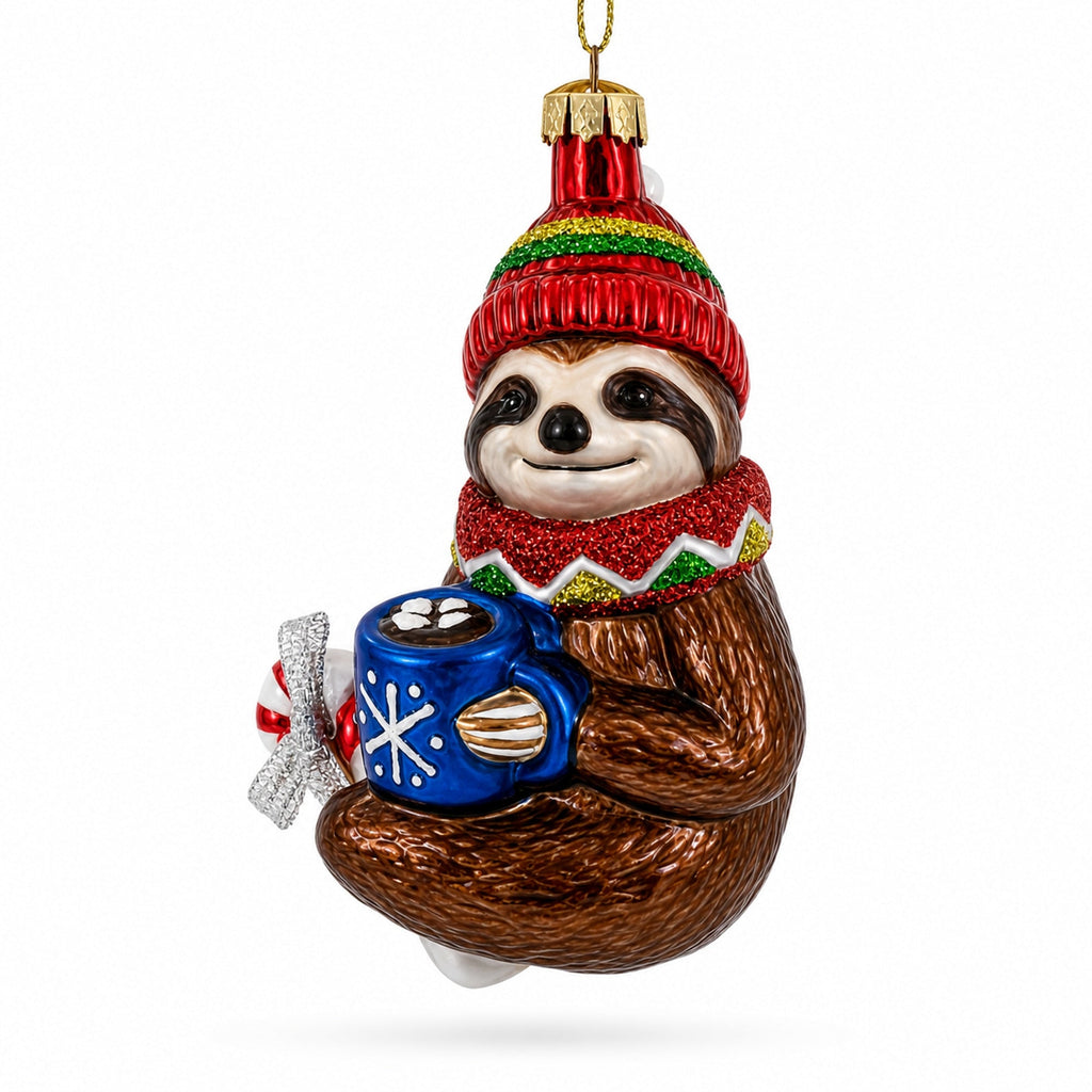 Cozy Sloth Drinking Hot Cocoa Glass Christmas Ornament