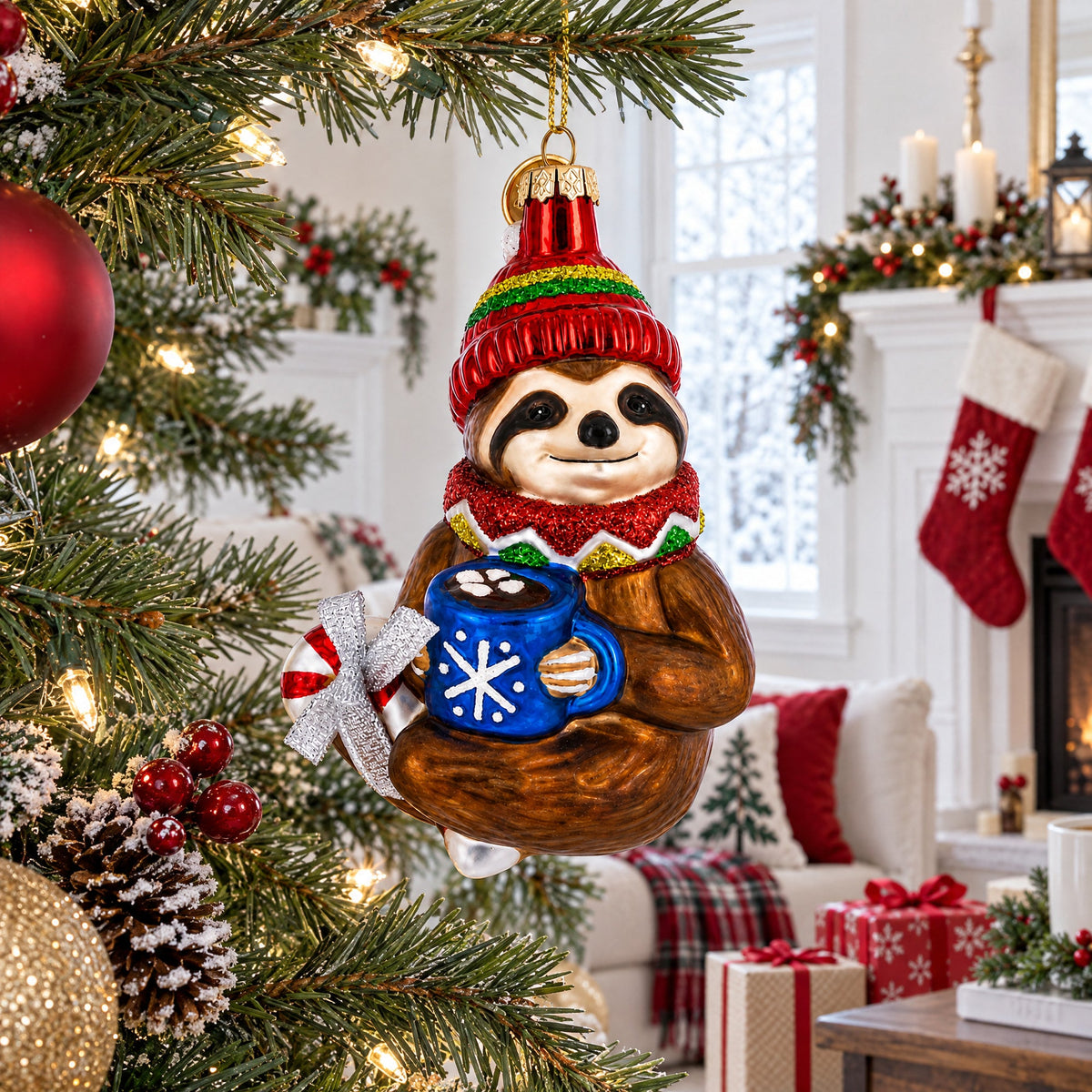 Cozy Sloth Drinking Hot Cocoa Glass Christmas Ornament