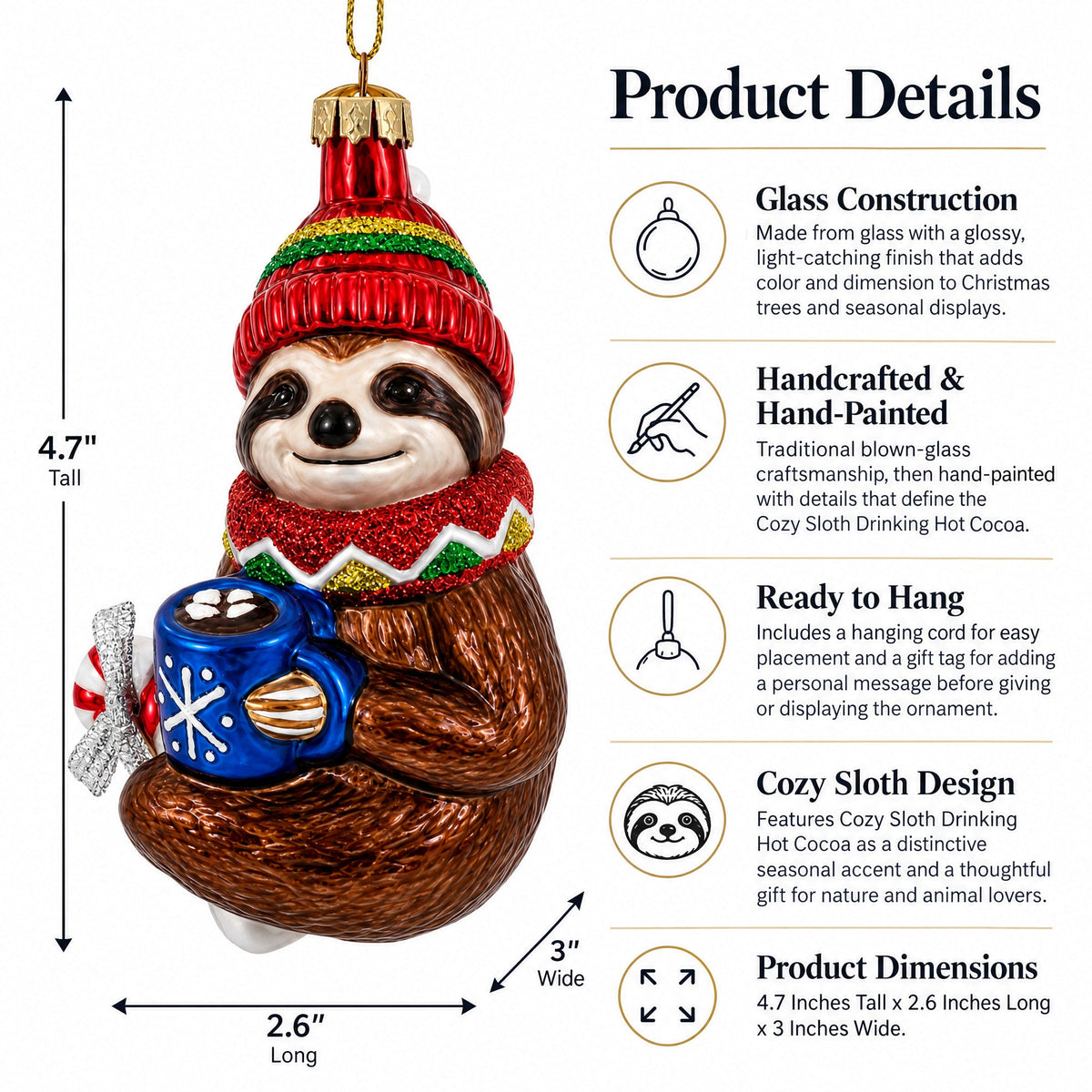 Cozy Sloth Drinking Hot Cocoa Glass Christmas Ornament